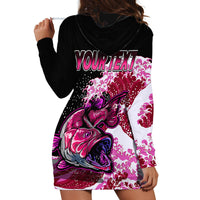 Black hoodie dress with YOUR TEXT pink bass fish graphic and wave camo, front pocket