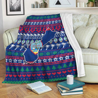 Blue Guam Christmas blanket with holiday pattern and outline map of Guam
