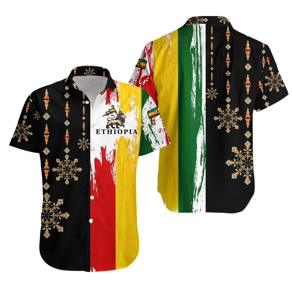 Ethiopia Hawaiian Shirt - Flag's Color With Aztec Pattern LT20 - Wonder Print Shop