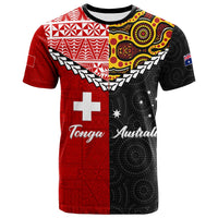 Red and black Tonga/Australia T-shirt with Aboriginal-style patterns, cross, stars and text