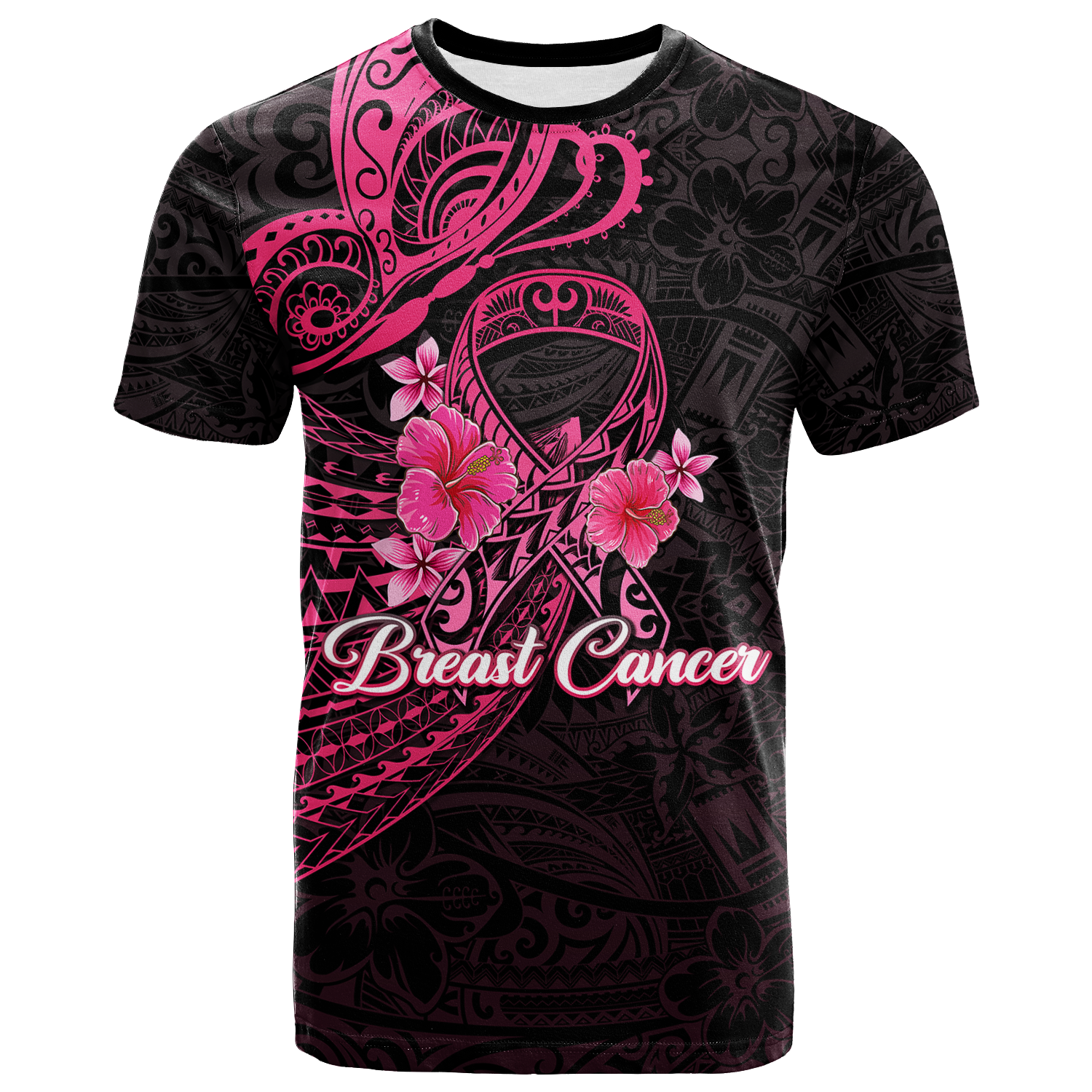 Custom Breast Cancer Pink Ribbon Butterfly Polynesian Black Version T Shirt LT12 - Wonder Print Shop