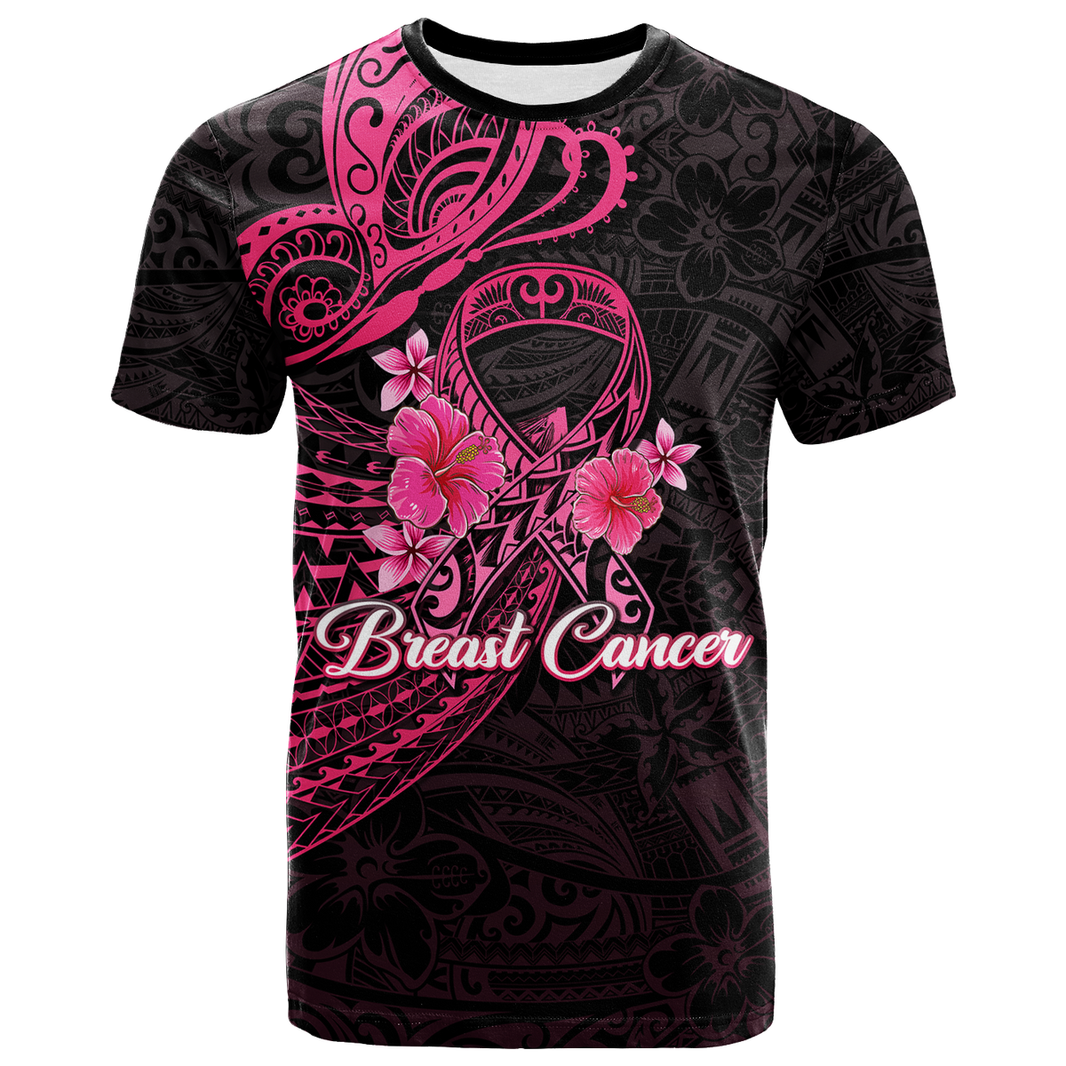 Breast Cancer Pink Ribbon Butterfly Polynesian Black Version T Shirt LT12 - Wonder Print Shop