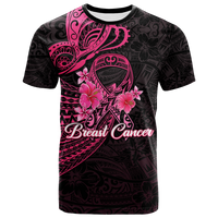 Black T-shirt with pink ribbon butterfly, flowers, and Breast Cancer lettering