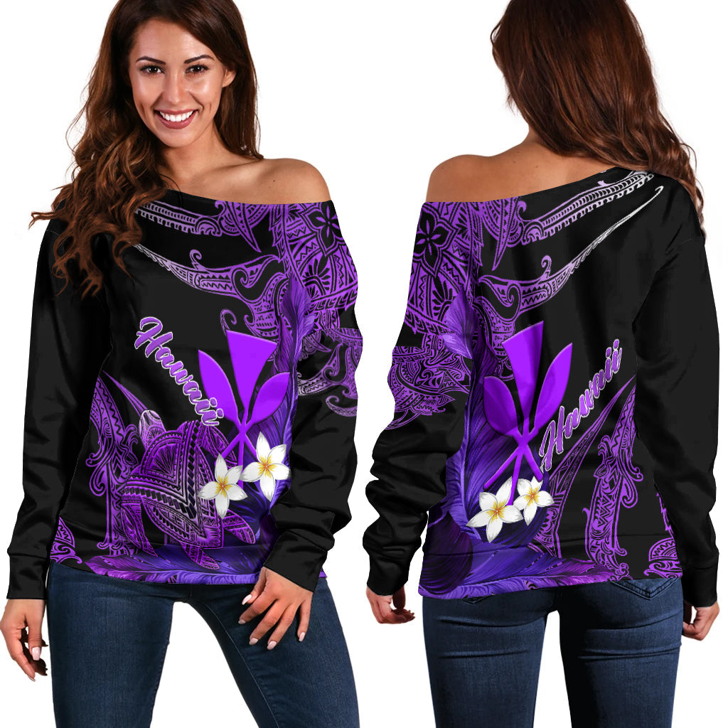 Hawaii Turtle With Plumeria Leaf Purple Women Off Shoulder Sweater LT12 - Wonder Print Shop