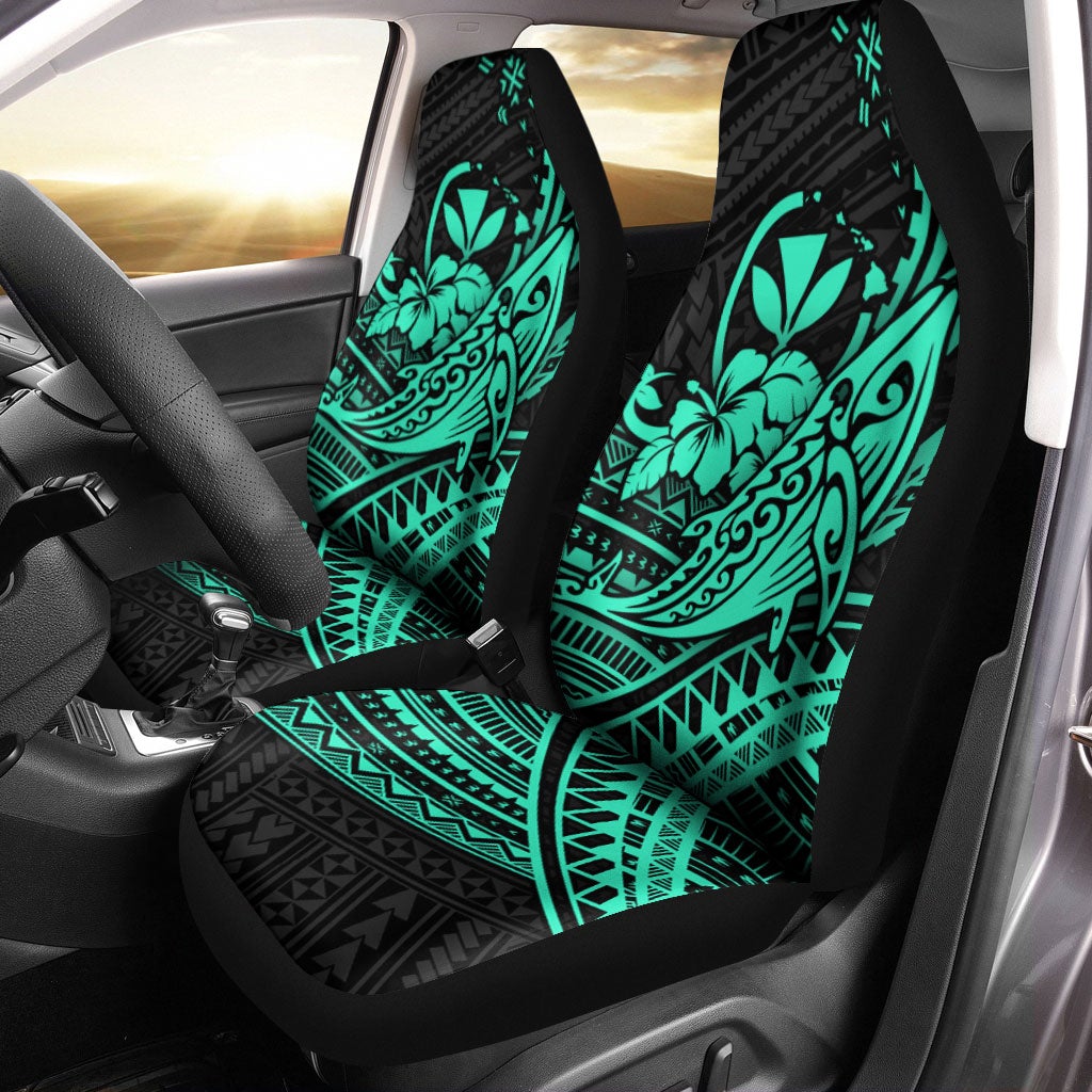 Hawaii Humpback Whale With Hibiscus Tribal Turquoise Car Seat Covers LT12 - Wonder Print Shop