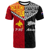 Red and black heritage T-shirt with Maori-style patterns, eagle and fish graphic