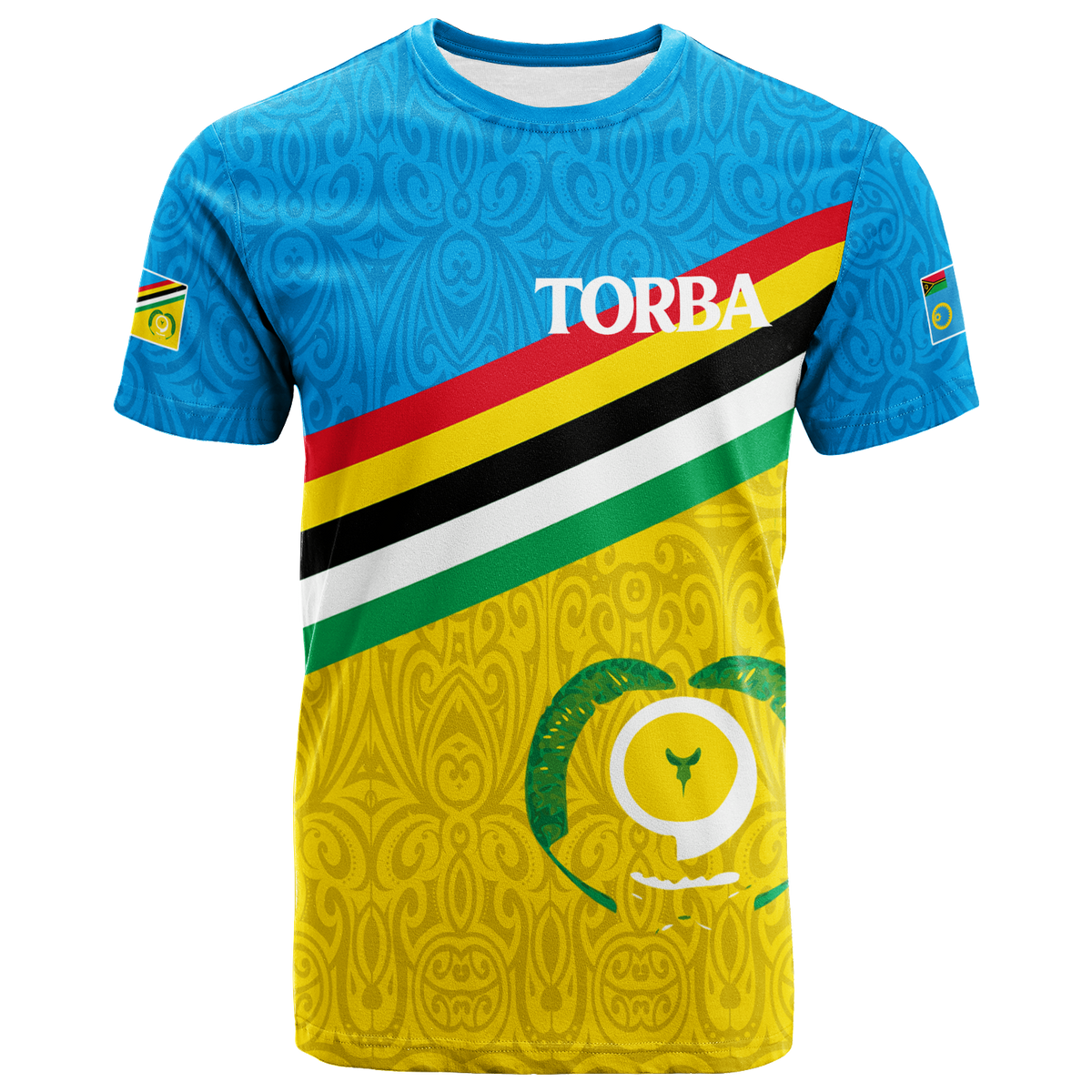Blue T-shirt front with TORBA diagonal flag stripes and circular bird emblem