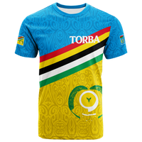Blue T-shirt front with TORBA diagonal flag stripes and circular bird emblem