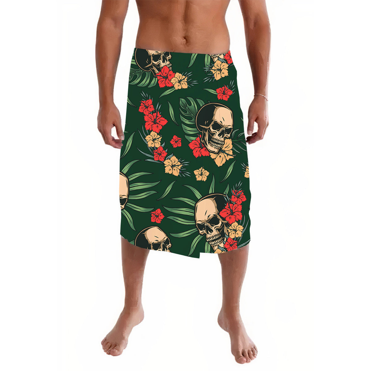 Hawaii Lavalava Polynesia Green Skulls with Monstera Leaves LT13 - Wonder Print Shop