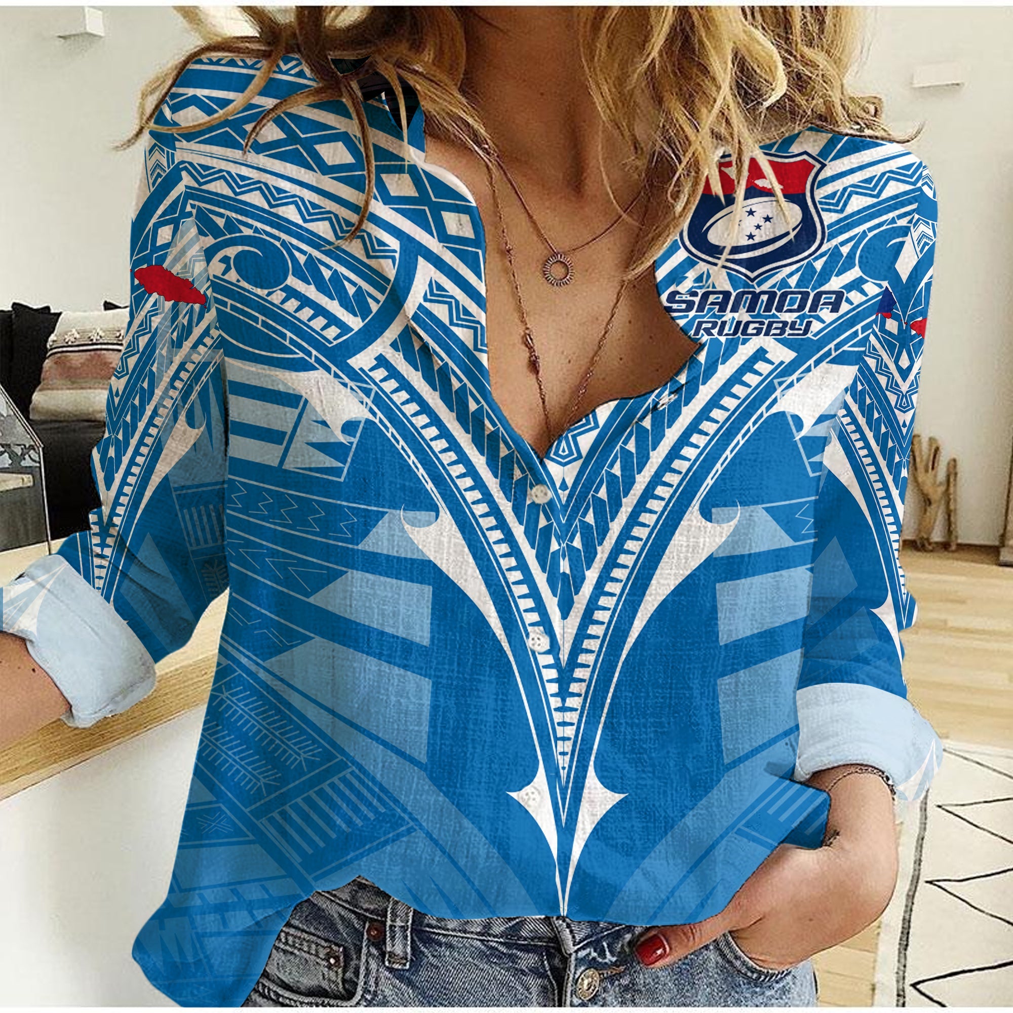 Custom Personalised Samoa Rugby Toa Samoa Blue Style Women Casual Shirt LT2 - Wonder Print Shop