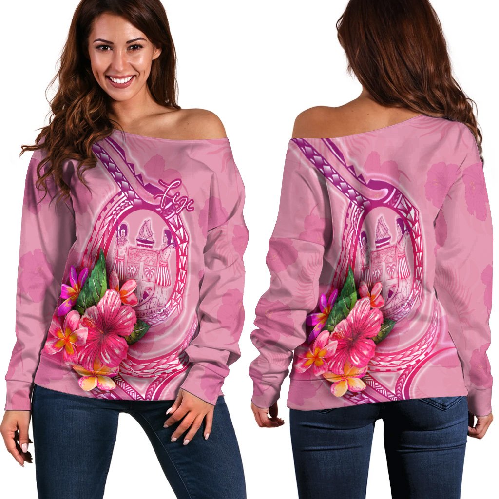 Fiji Polynesian Women's Off Shoulder Sweater - Floral With Seal Pink