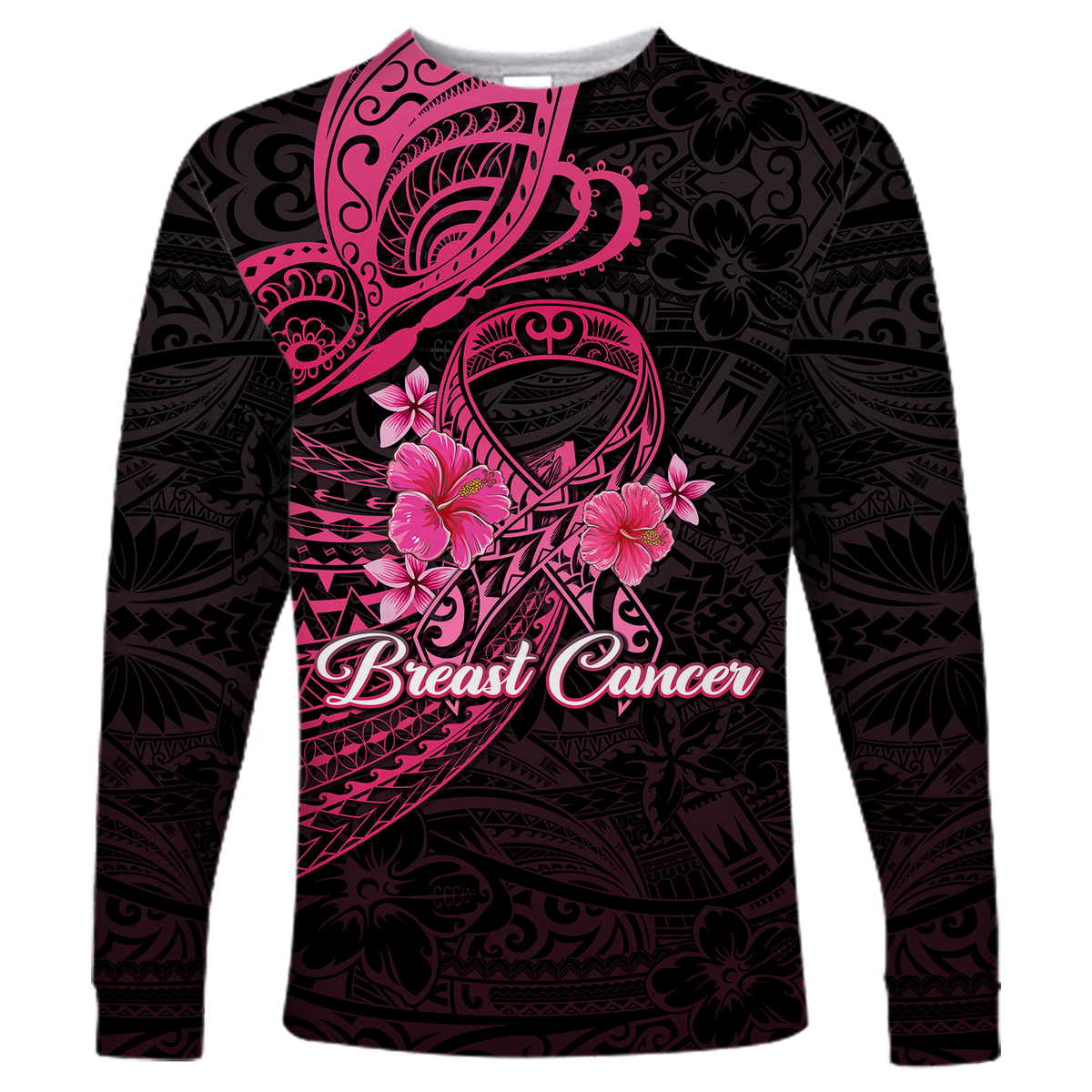 Breast Cancer Pink Ribbon Butterfly Polynesian Black Version Long Sleeve Shirt LT12 - Wonder Print Shop