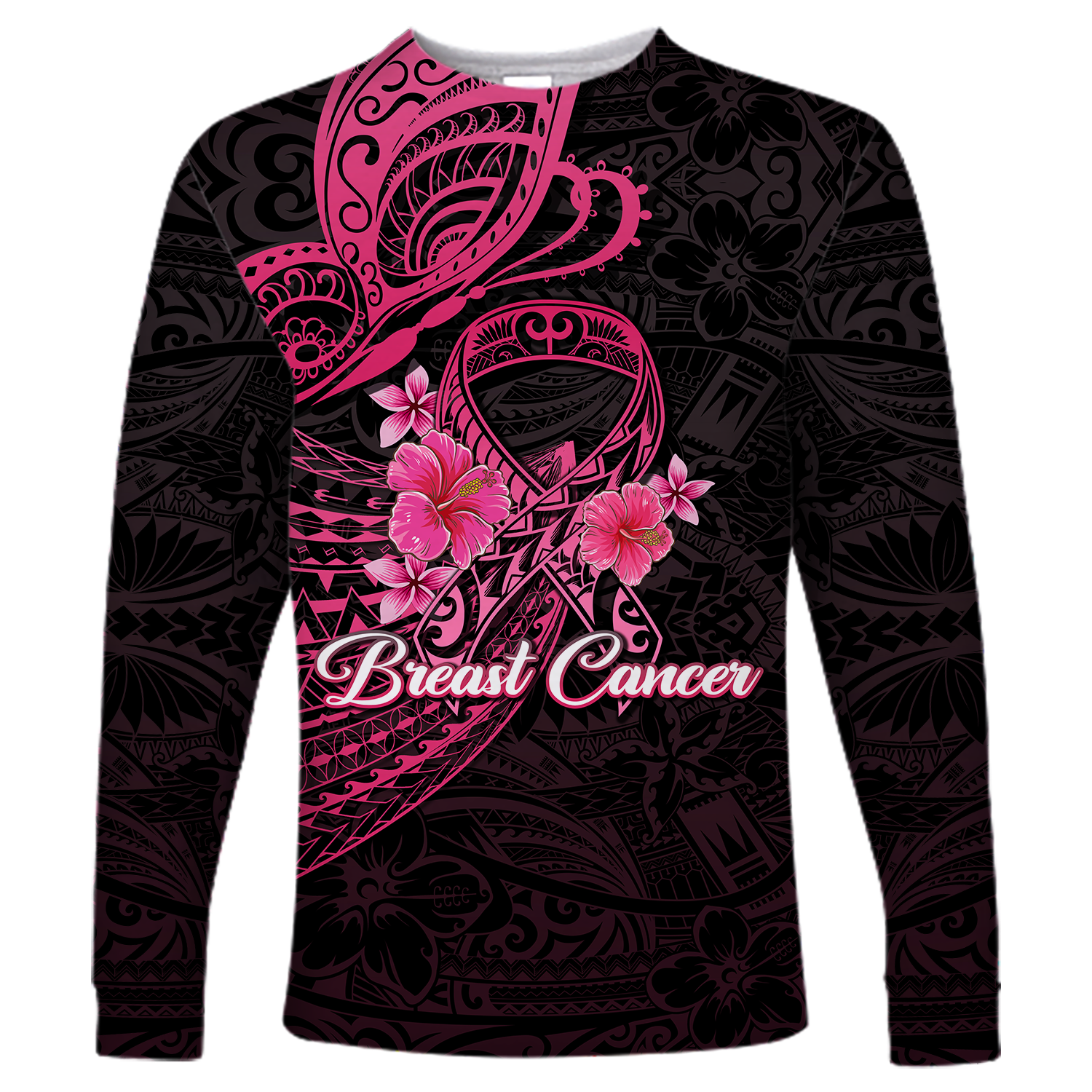 Breast Cancer Pink Ribbon Butterfly Polynesian Black Version Long Sleeve Shirt LT12 - Wonder Print Shop