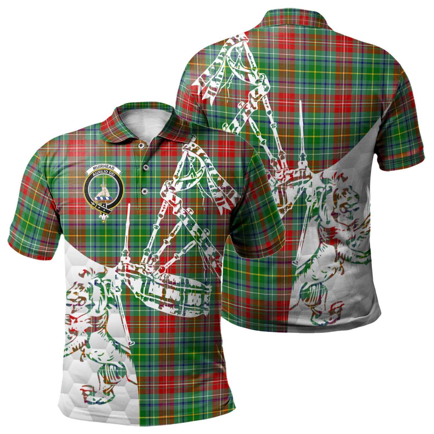 scottish-muirhead-clan-crest-tartan-polo-shirt-lion-and-bagpipes-style