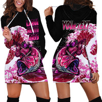 Black hoodie dress with pink camo wave and bass fish graphic, kangaroo pocket, drawstring hood