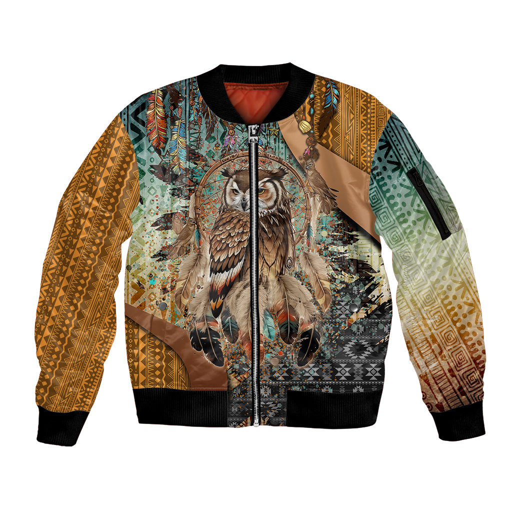 Native American Dreamcatcher Owl and Feathers Sleeve Zip Bomber Jacket - Wonder Print Shop