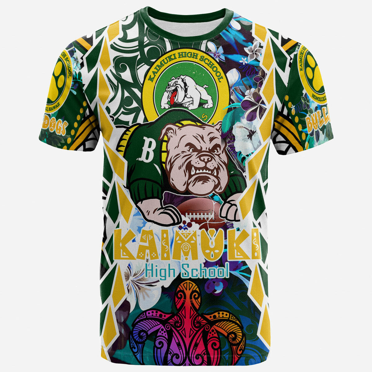 Custom Hawaii T Shirt Kaimuki High School Bulldogs With Hawaiian Sea Turtle and Tribal Patterns LT10 - Wonder Print Shop