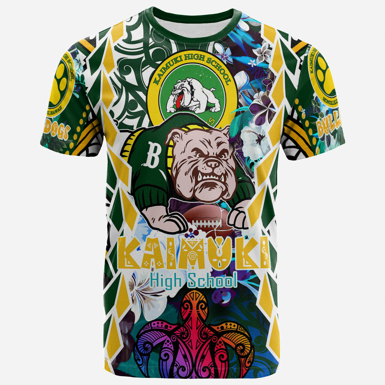Custom Hawaii T Shirt Kaimuki High School Bulldogs With Hawaiian Sea Turtle and Tribal Patterns LT10 - Wonder Print Shop