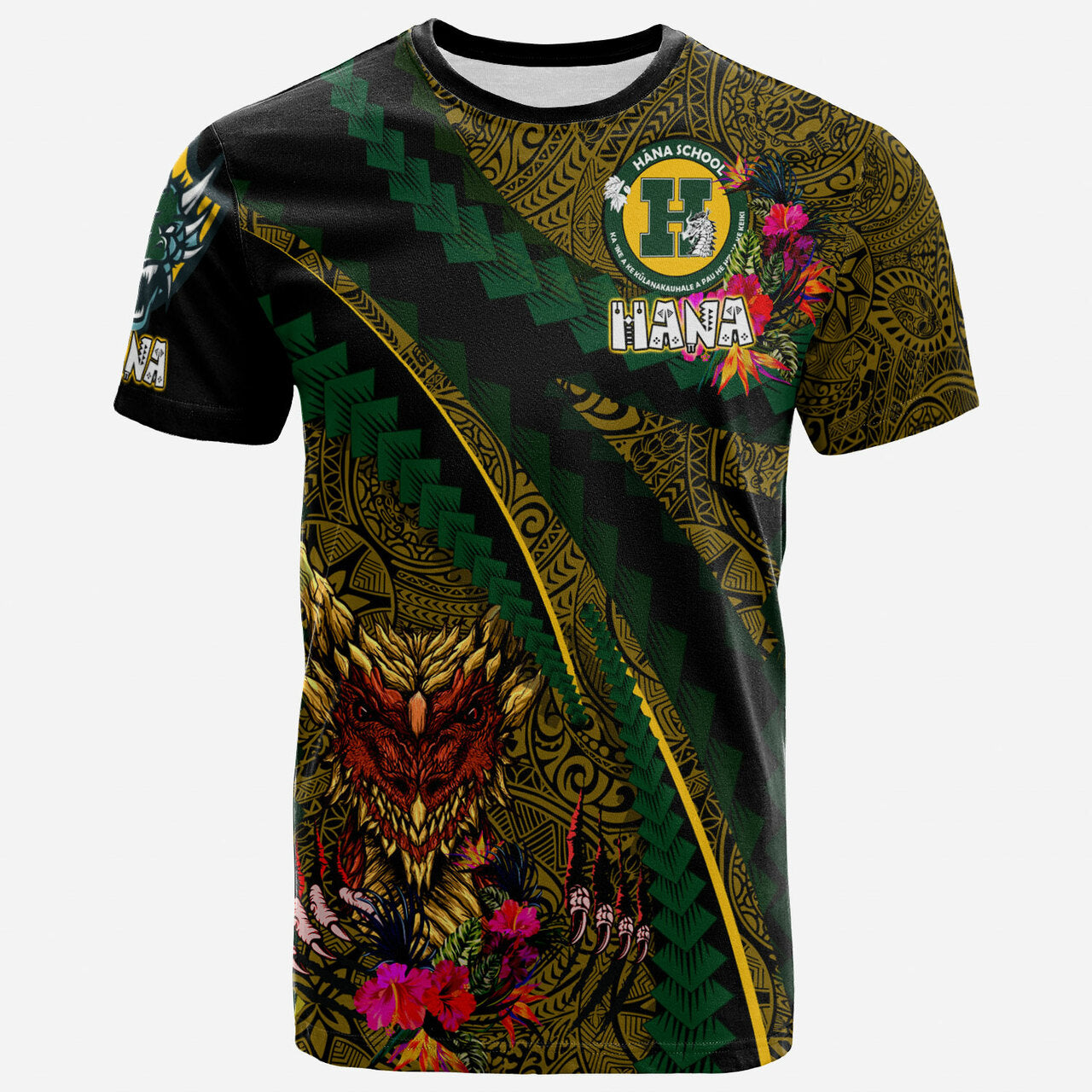 Hawaii Hana High and Elementary School Custom Polynesian T Shirt Hana Dragons With Tropical Flowers Tribal Pattern Scratch Style LT10 - Wonder Print Shop