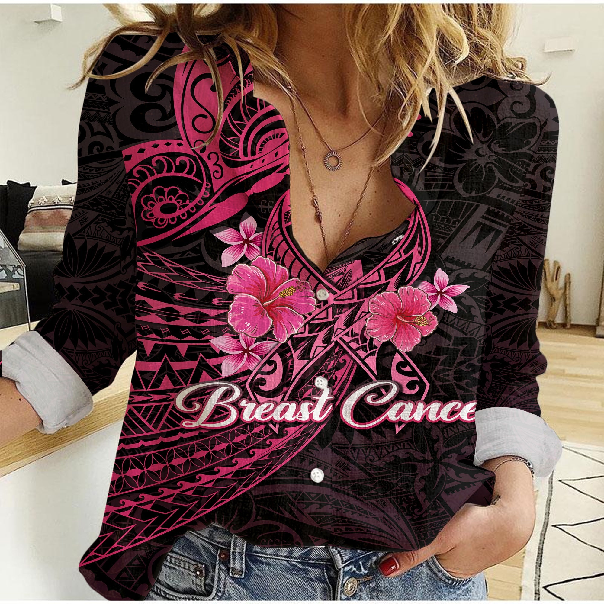 Breast Cancer Pink Ribbon Butterfly Polynesian Black Version Women Casual Shirt LT12 - Wonder Print Shop