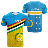 Blue T-shirt with TORBA diagonal stripes, SANMA label, and bird emblem graphic