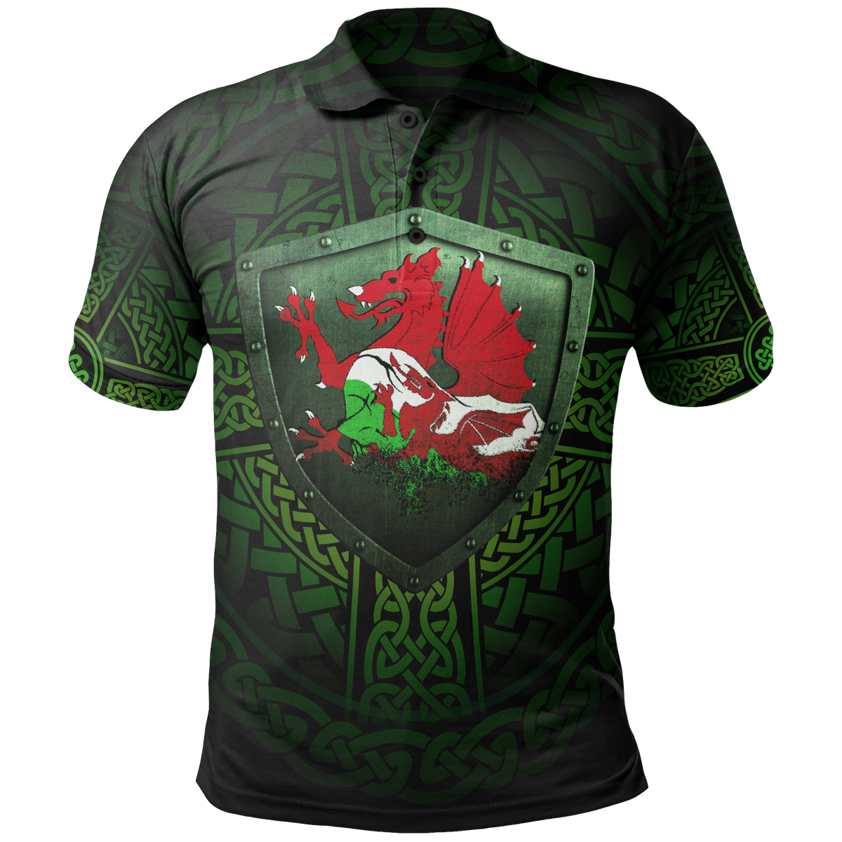 Wales Raglan Polo Shirt Cymru Dragon With Shield - Wonder Print Shop