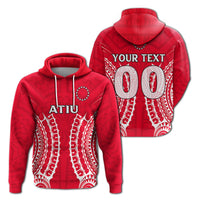 Red hoodie with Atiu tribal pattern, white graphic and custom text on chest