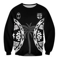 Black crewneck sweatshirt with white tribal tapa palm graphic and crest on chest