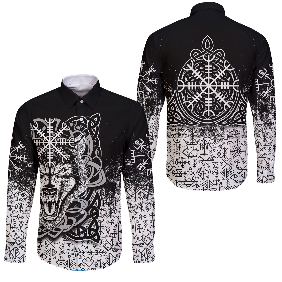 Viking Wolf With Vegvisir Art Long Sleeve Button Shirt LT12 - Wonder Print Shop