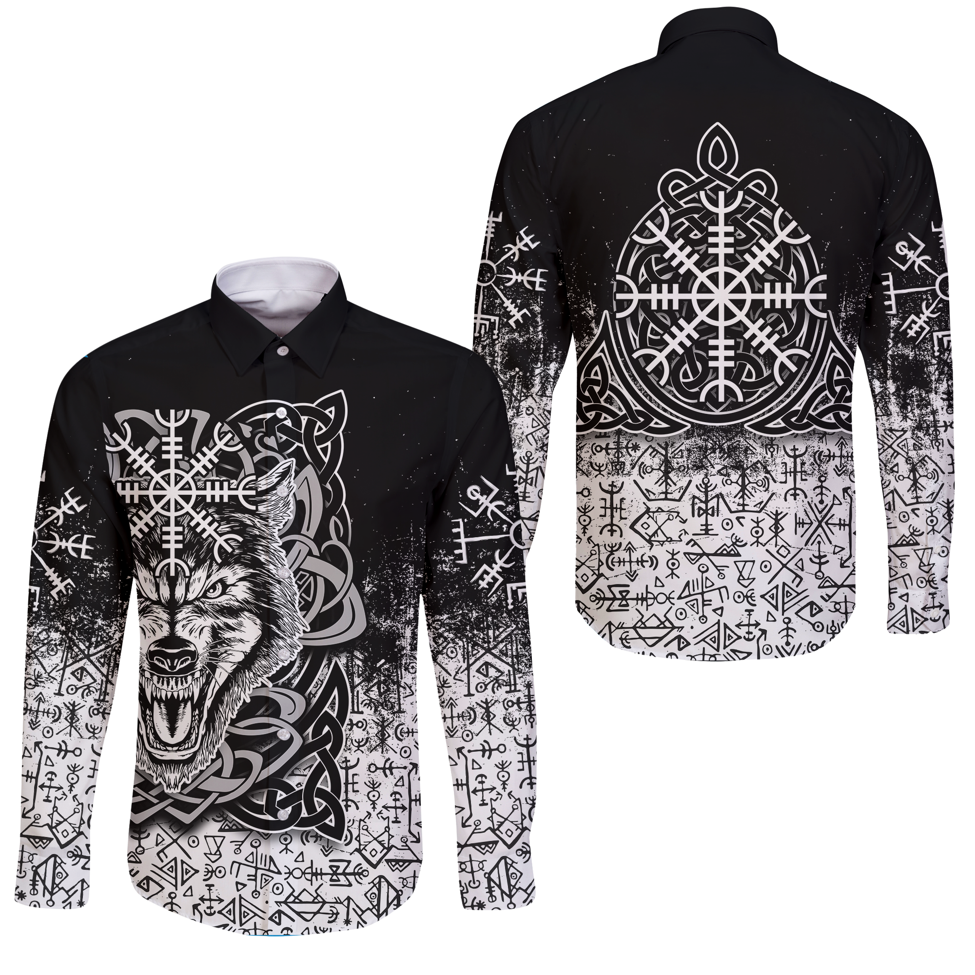Viking Wolf With Vegvisir Art Long Sleeve Button Shirt LT12 - Wonder Print Shop