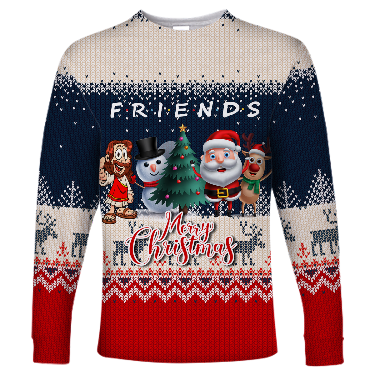 Christmas Jesus With Santa, Snowman And Reindeer Ugly Pattern Long Sleeve Shirt - LT12 - Wonder Print Shop