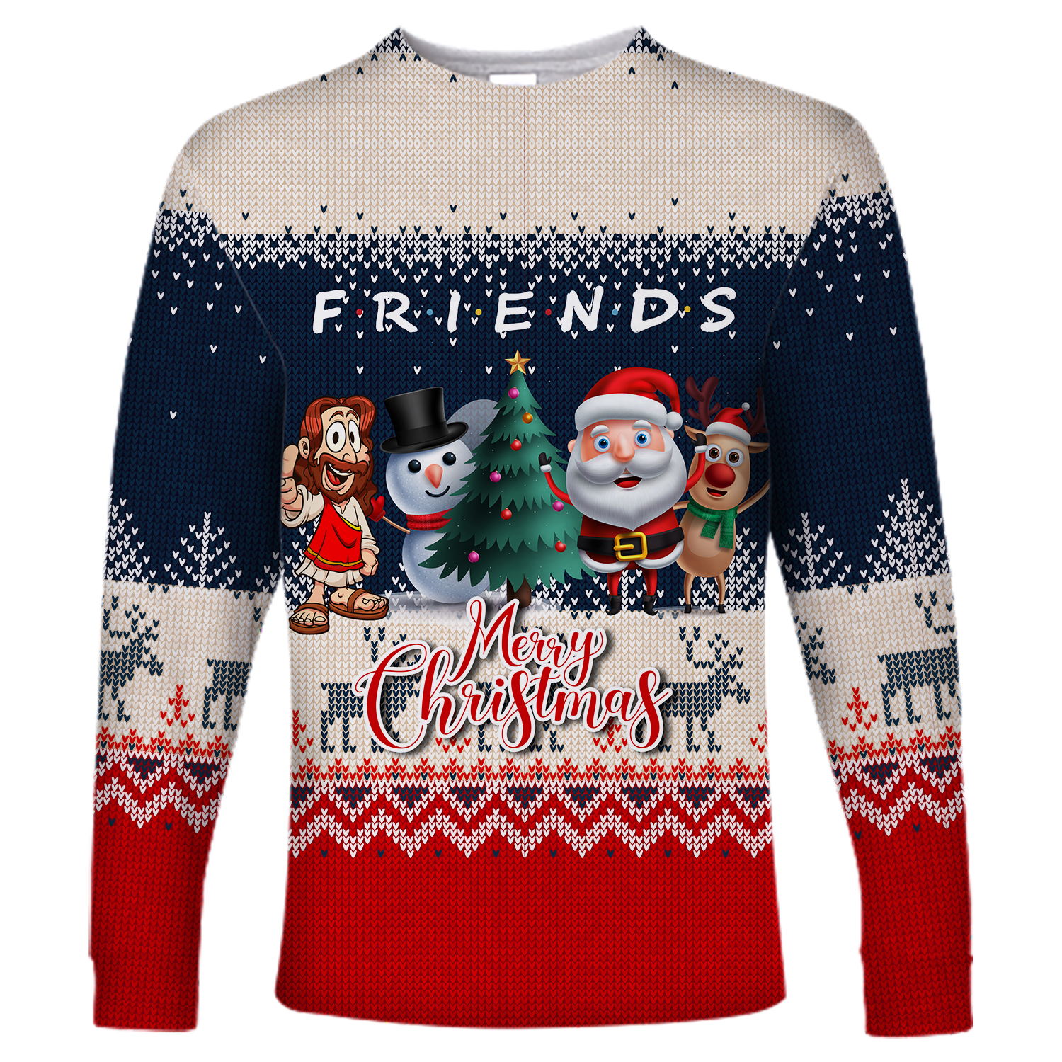 Christmas Jesus With Santa, Snowman And Reindeer Ugly Pattern Long Sleeve Shirt - LT12 - Wonder Print Shop