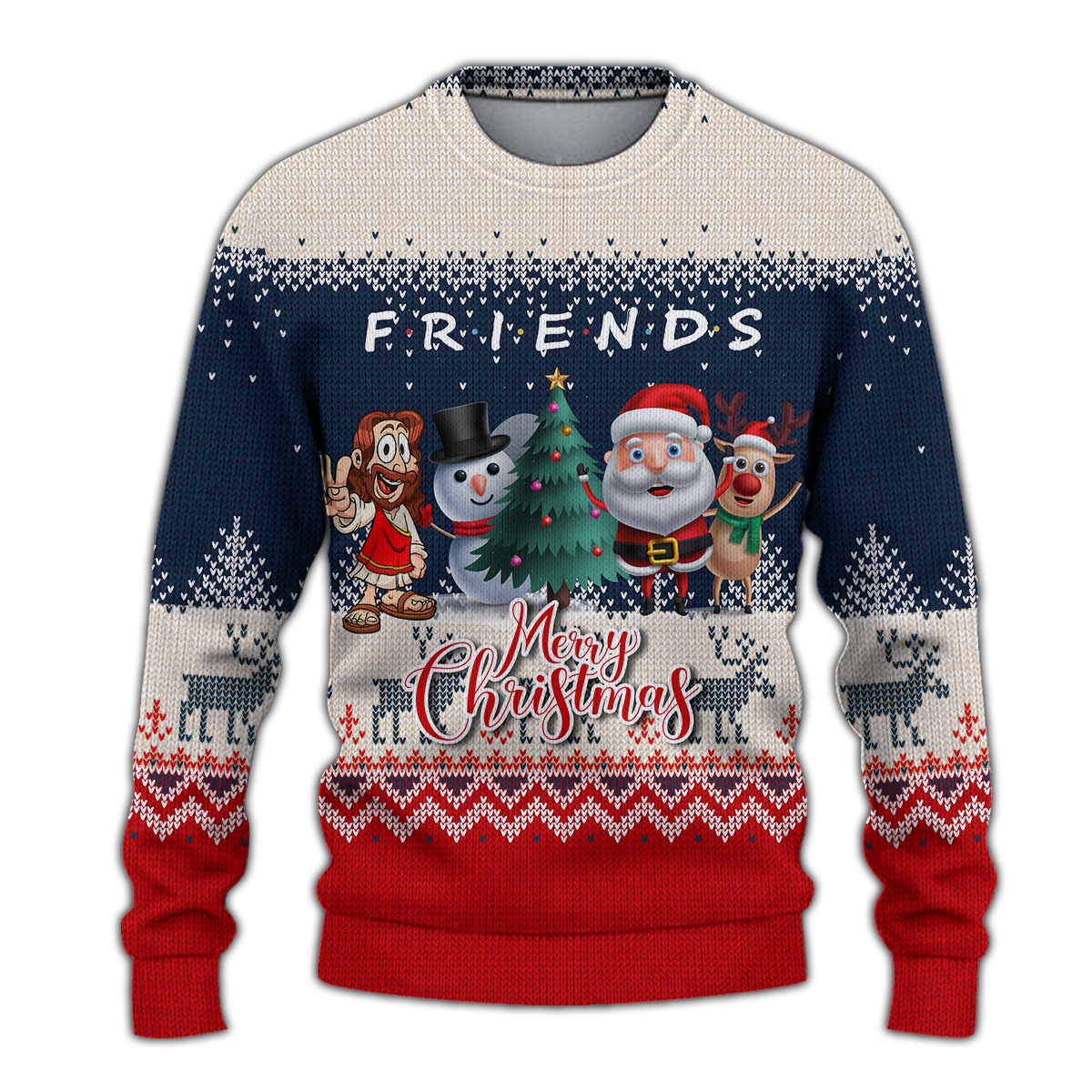 Christmas Jesus With Santa, Snowman And Reindeer Ugly Pattern Sweatshirt - LT12 - Wonder Print Shop