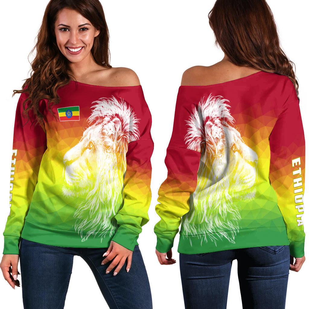 Ethiopia Off Shoulder Sweater Lion Ethiopian Style Flag LT13 - Wonder Print Shop