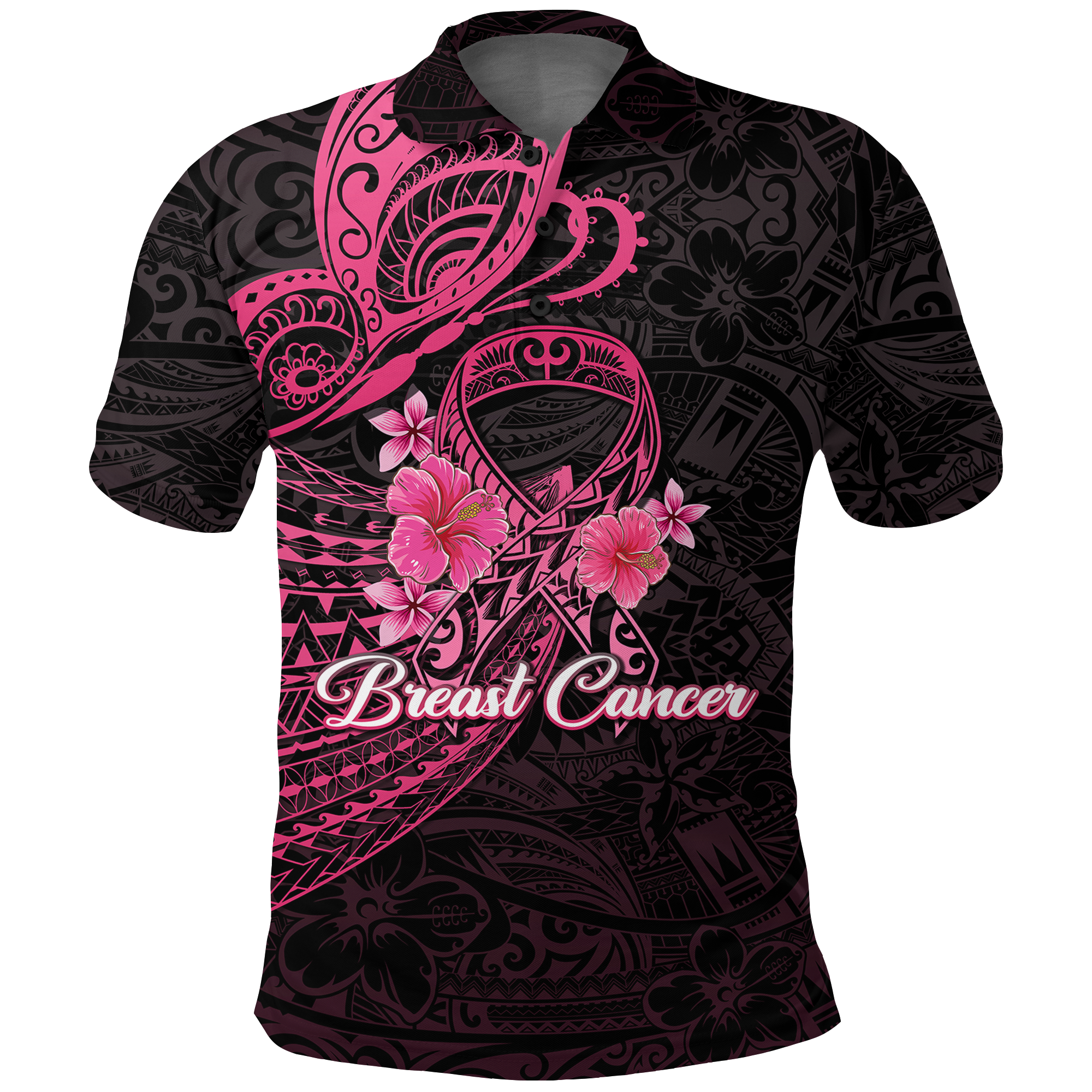 Custom Breast Cancer Pink Ribbon Butterfly Polynesian Black Version Polo Shirt LT12 - Wonder Print Shop