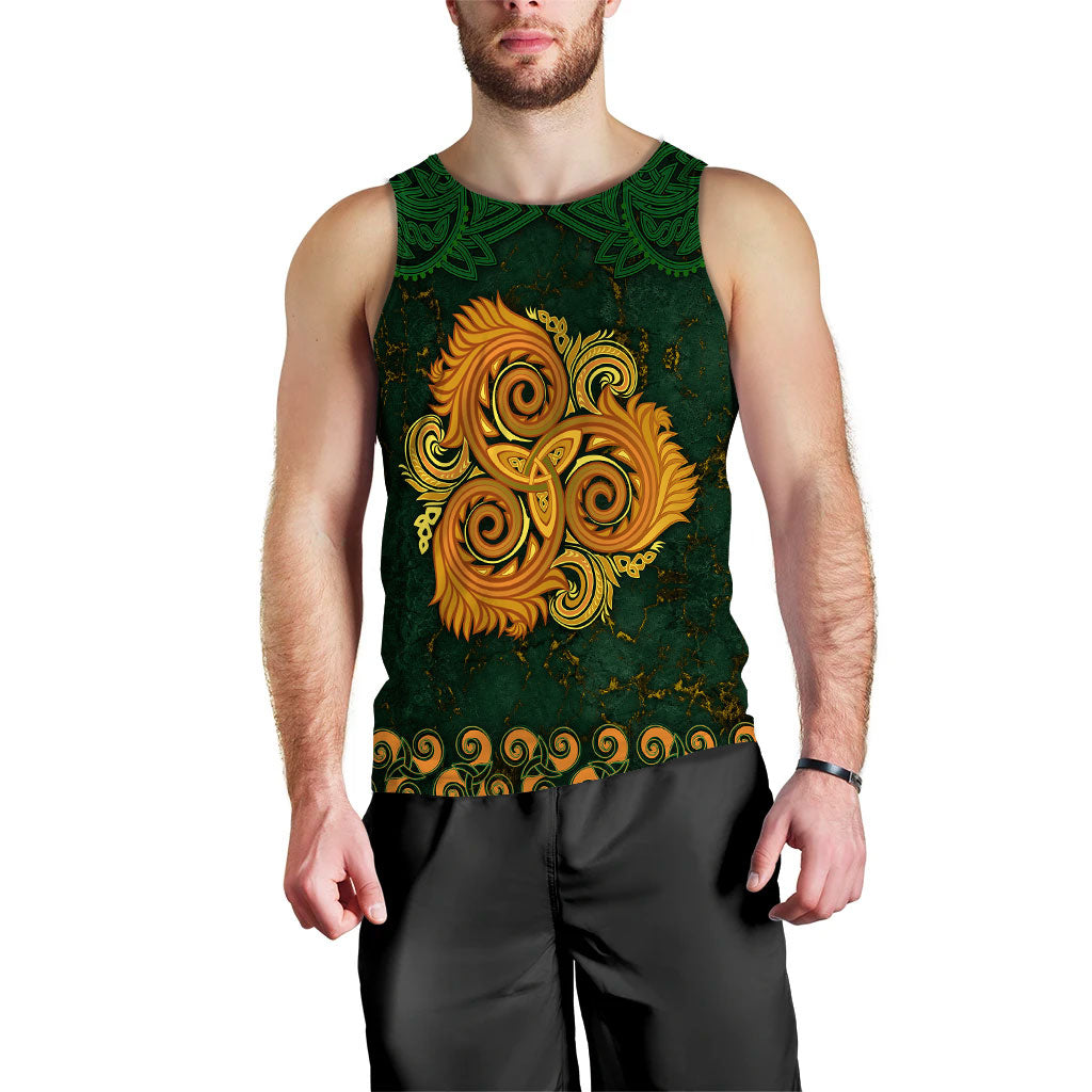 Green men’s tank top showing triple-spiral Celtic ornament on the chest