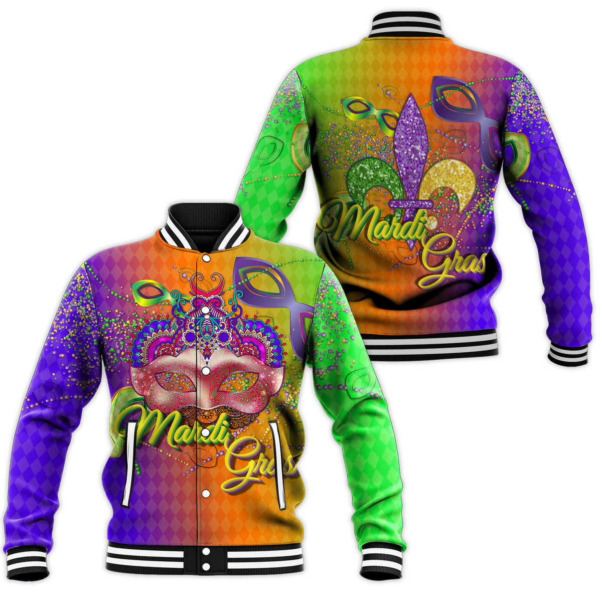 Mardi Gras Mask With Beads Baseball Jacket - LT12 - Wonder Print Shop