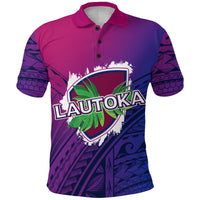 Rugby polo shirt with Lautoka crest, purple/dark blue tribal sleeve graphics