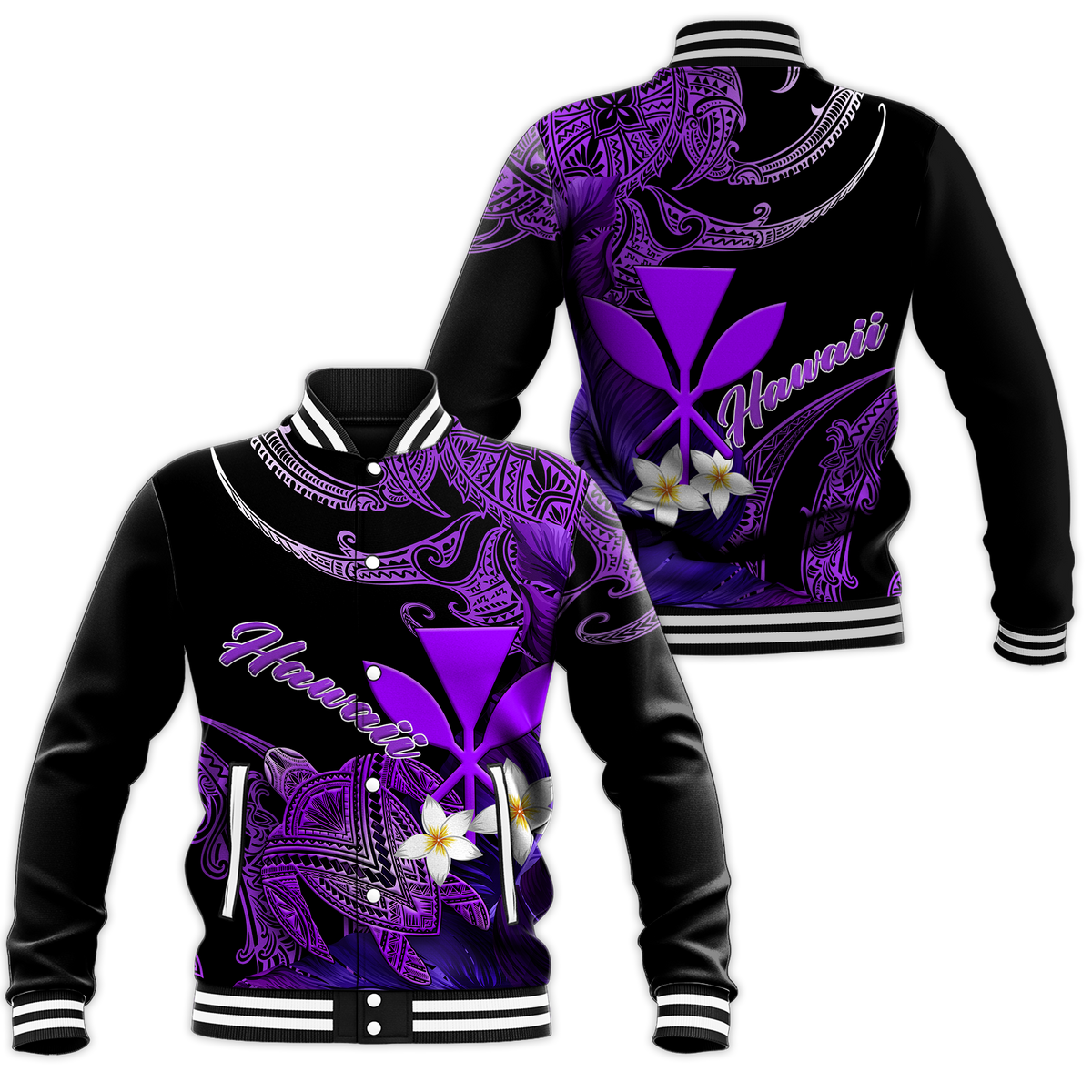 Hawaii Turtle With Plumeria Leaf Purple Baseball Jacket - LT12 - Wonder Print Shop