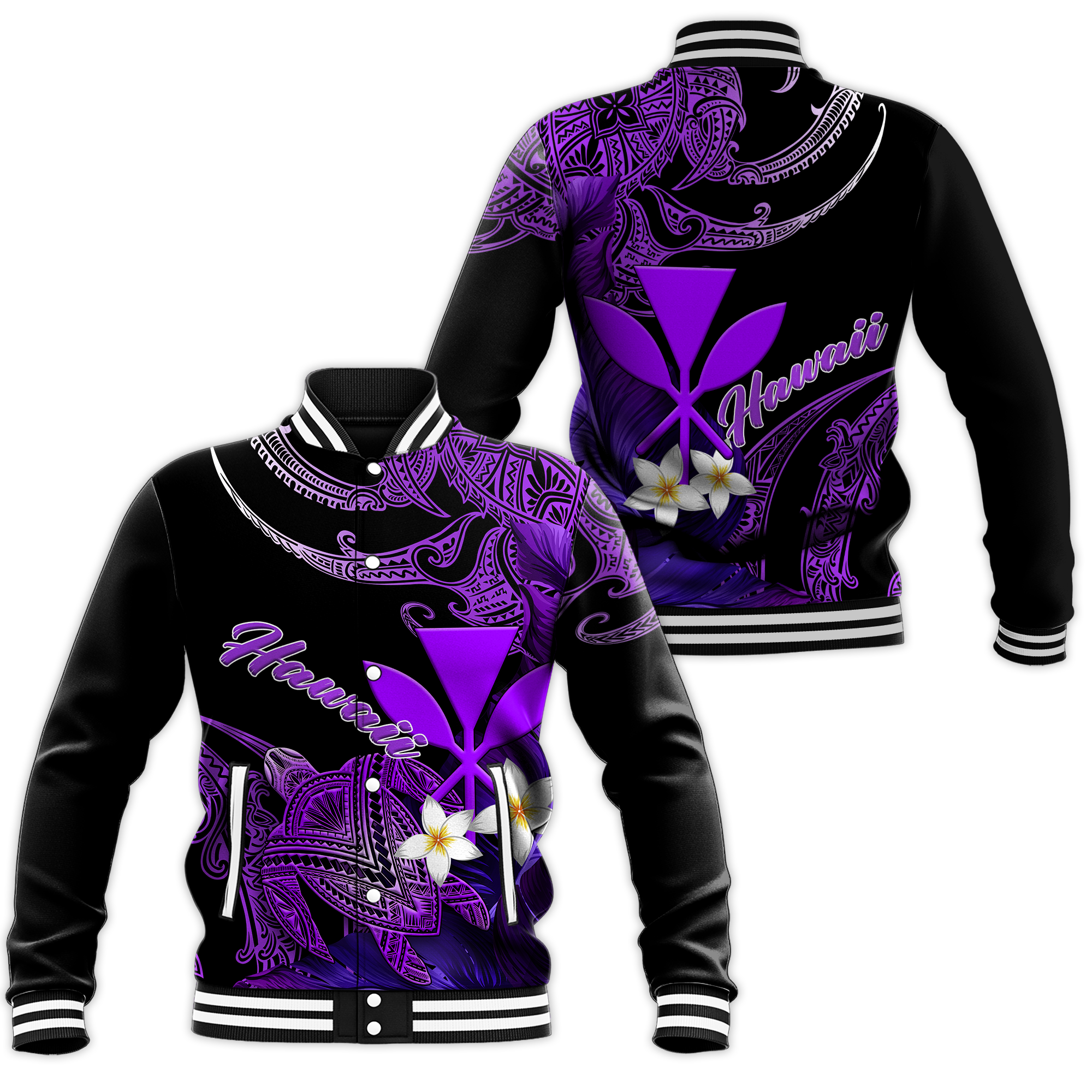 Hawaii Turtle With Plumeria Leaf Purple Baseball Jacket - LT12 - Wonder Print Shop