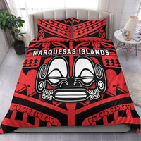Red/black bedding set with Marquesas Islands face mask graphic and two pillow shams
