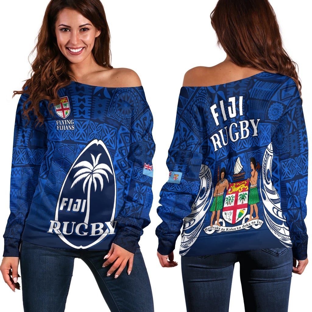 Fiji Rugby Off Shoulder Sweater Flying Fijians Blue Tapa Pattern LT13 - Wonder Print Shop