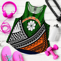 Womens green tribal tank top with white flower emblem, scoop neck, geometric pattern
