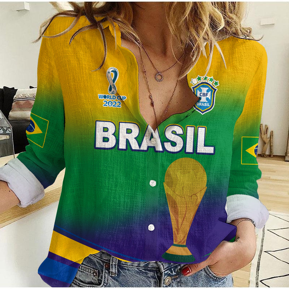 Brazil Football Women Casual Shirt Soccer 2022 World Cup Selecao Brasil Campeao Style Color Flag LT13 - Wonder Print Shop