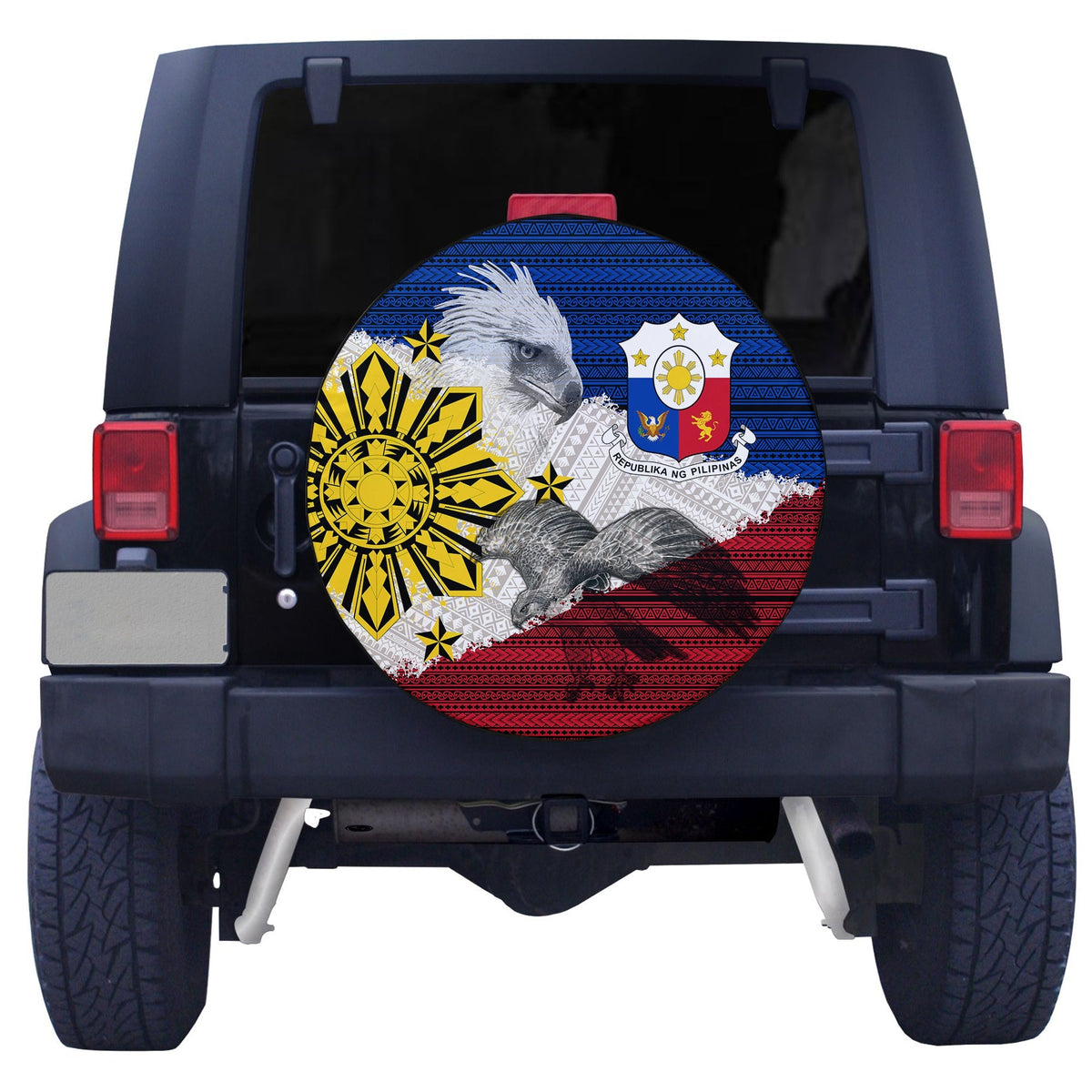 Round spare tire cover featuring Filipino tribal eagle, blue red white and gold artwork