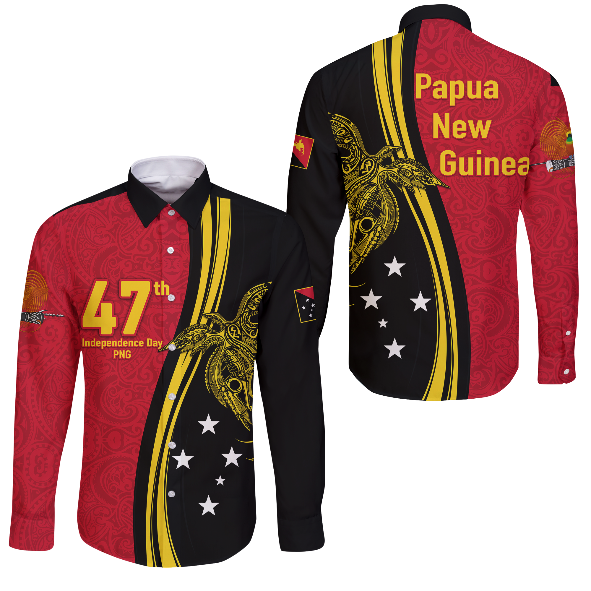 Papua New Guinea Independence Anniversary Polynesian Tribal Long Sleeve Button Shirt LT12 - Wonder Print Shop