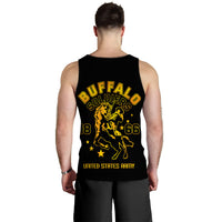 Black men’s tank top back view with large Buffalo Soldiers lion graphic and text