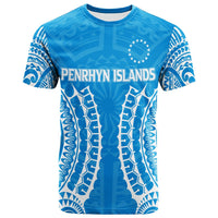 Blue T-shirt with Penrhyn Islands text, circular star emblem, and tribal pattern sleeves