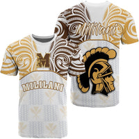 White T-shirt with gold and brown swirls and large crest mascot graphic