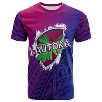 Lautoka rugby T-shirt with front crest graphic, purple and blue tribal pattern